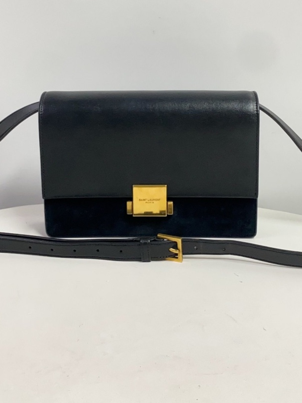 Saint Laurent Black Leather and Suede Crossbody with Gold Lock